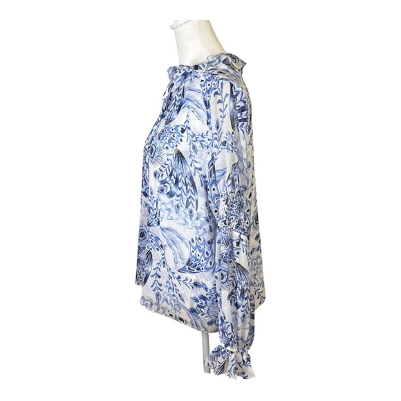 MISA Los Angeles Blue Feather Chiffon Tie-Front Boho Peasant Blouse Dressy Sz S - Picture 4 of 12